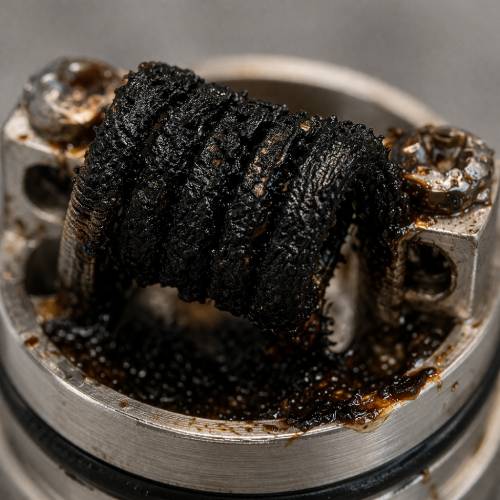 burnt vape coil close up showing residue buildup